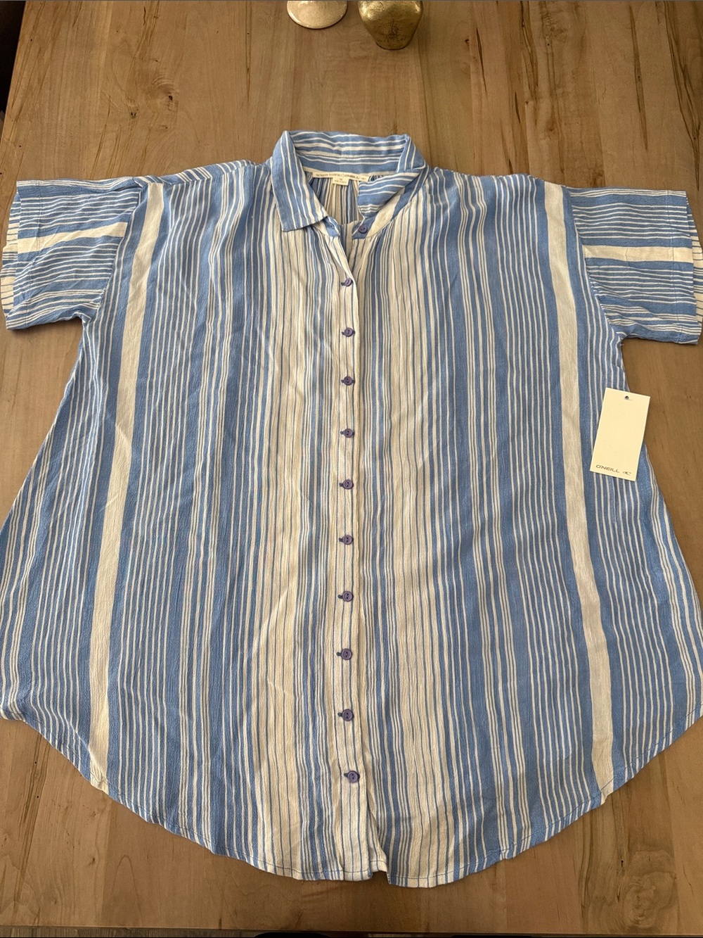 O'Neill Light Blue and White Striped Button-Up Swim Coverup